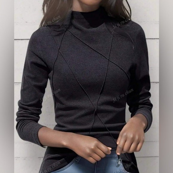 NEW Very Soft Black Women's Mock Neck Patchwork Style Sweater - Picture 1 of 4
